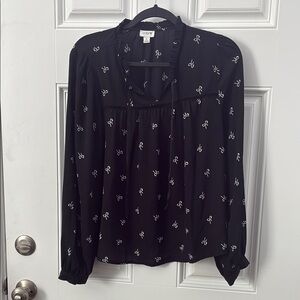 J. Crew Black Blouse with White bows Accents sheer size Medium